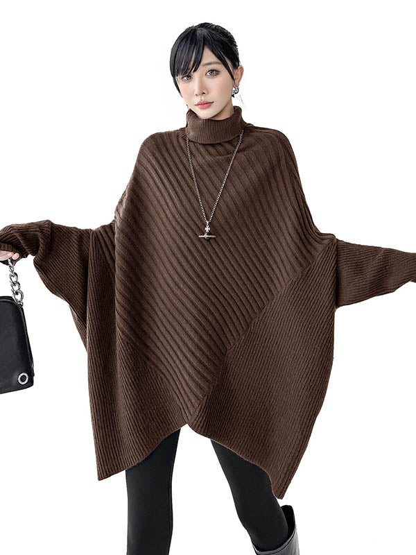 Batwing Sleeves Irregularity Asymmetric Ribbed Knit Solid Color Split-Joint High Neck Sweater Tops