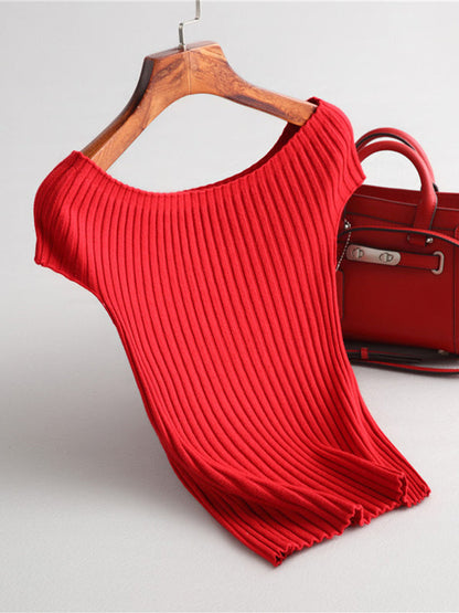 Short Sleeves Skinny Solid Color Boat Neck Knitwear Pullovers Sweater