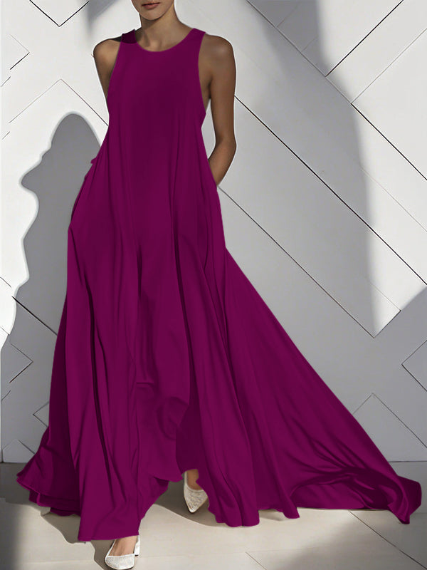 Loose Sleeveless Pockets Solid Color Split-Joint Round-Neck Maxi Dresses GREEN