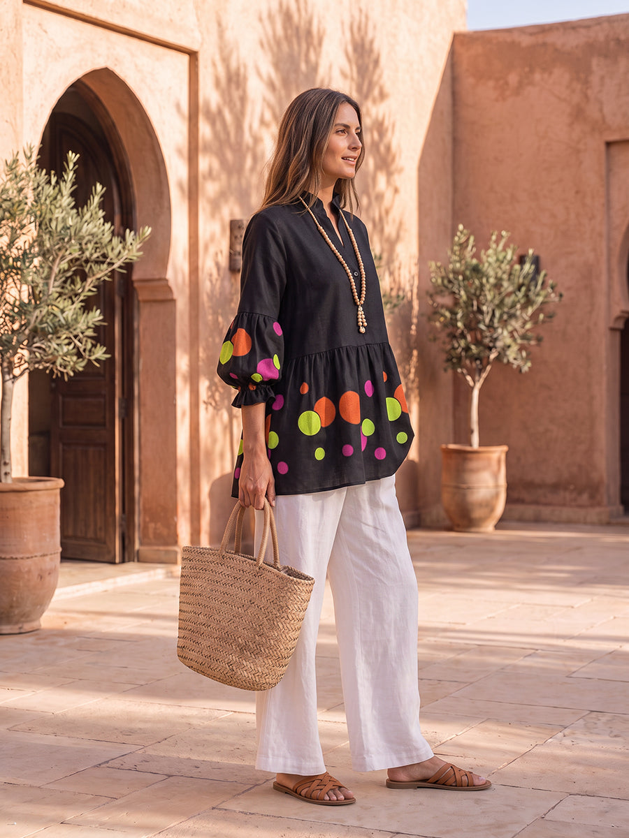 Split-Joint Ruffle Trim Polka-Dot Contrast Color Buttoned Three-quarter Sleeves Puff Sleeves Mock Neck Blouses&shirts Tops