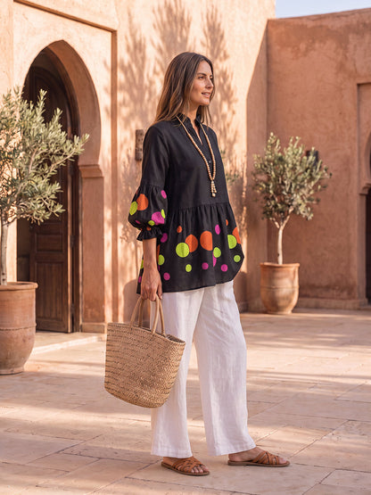 Split-Joint Ruffle Trim Polka-Dot Contrast Color Buttoned Three-quarter Sleeves Puff Sleeves Mock Neck Blouses&shirts Tops