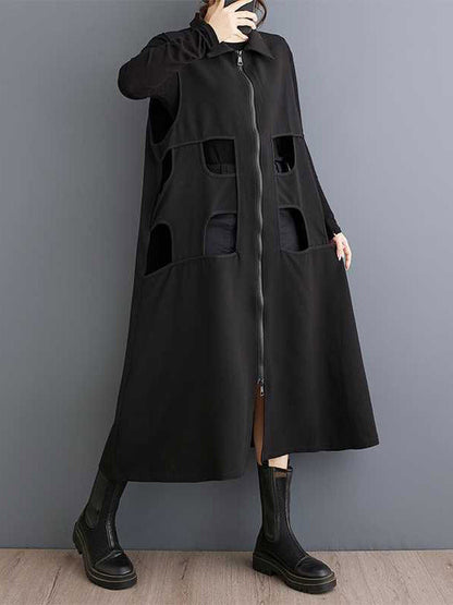 Robe mi-longue ample sans manches, couleur unie, ajourée, fermeture éclair, revers 