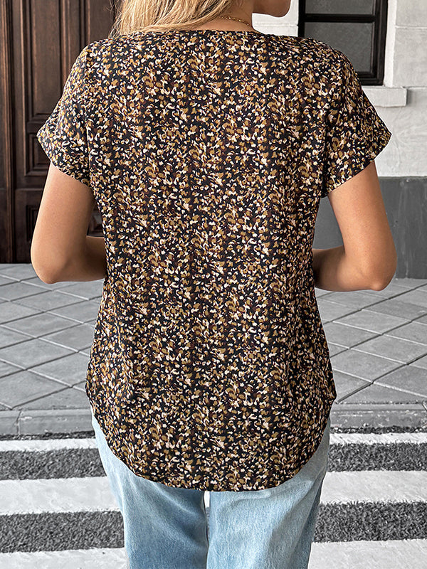 Loose Short Sleeves Contrast Color V-Neck Blouses&Shirts Tops