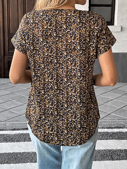 Loose Short Sleeves Contrast Color V-Neck Blouses&Shirts Tops