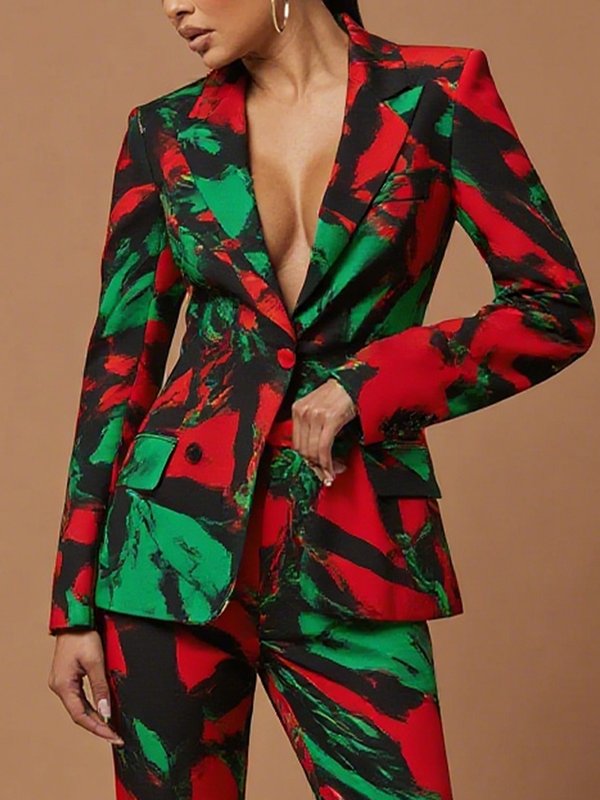 Long Sleeves Buttoned Contrast Color Pockets Notched Collar Blazer Outerwear