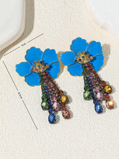 Flower Shape Rhine Stones Tasseled Earrings Accessories