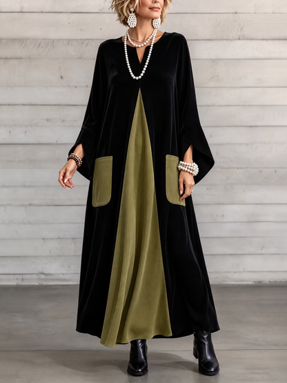 Split-Joint Pockets Contrast Color Loose Long Sleeves V-neck Maxi Dresses