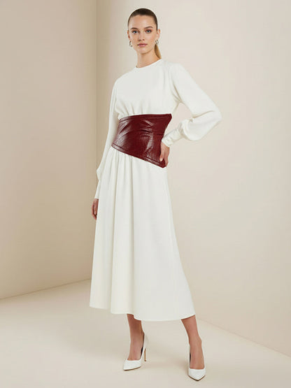 A-Line Puff Sleeves Alligator Print Buttoned Contrast Color Pleated Split-Joint Zipper Round-Neck Midi Dresses