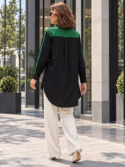 Split-Joint Contrast Color Buttoned Loose Long Sleeves Lapel Blouses&shirts Tops