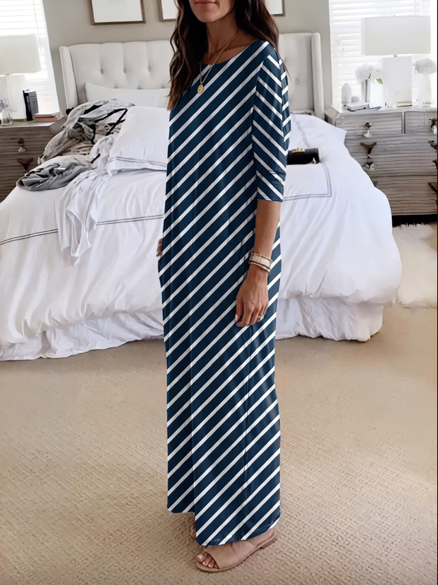 Striped Pockets Contrast Color Short Sleeves Plus Size One-shoulder Maxi Dresses