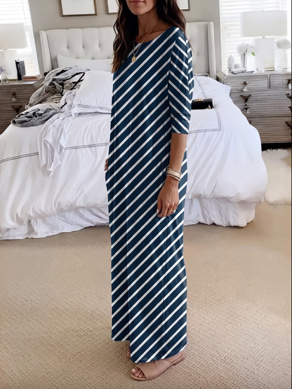 Striped Pockets Contrast Color Short Sleeves Plus Size One-shoulder Maxi Dresses