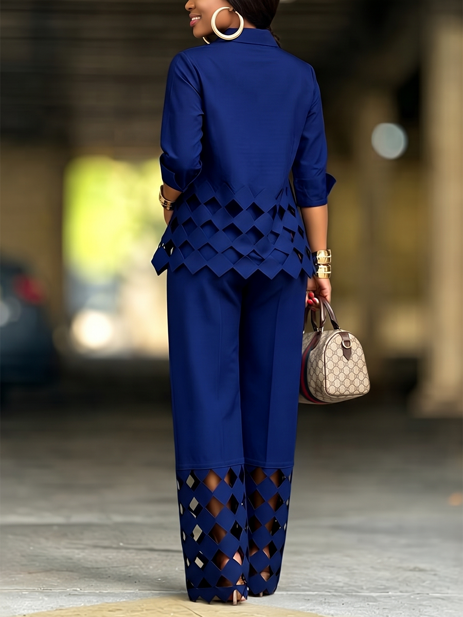 Solid Color Hollow Buttoned Three-quarter Sleeves Loose Stand Collar Blouses&shirts Tops