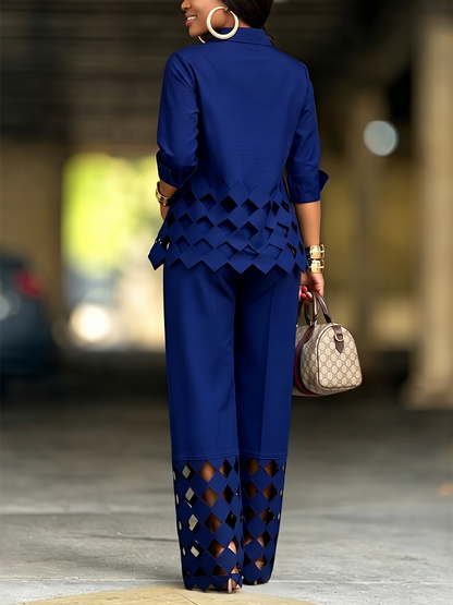 Solid Color Hollow Buttoned Three-quarter Sleeves Loose Stand Collar Blouses&shirts Tops