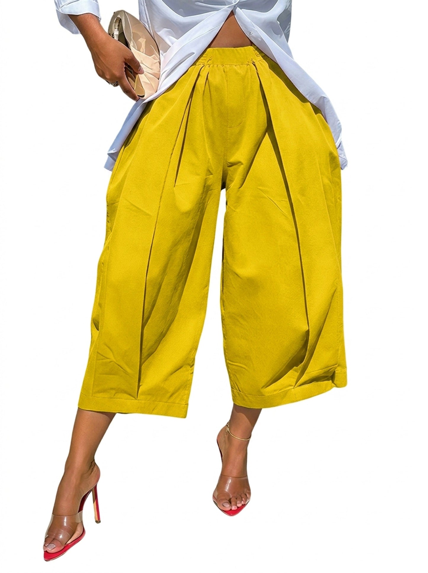Solid Color Pockets Pleated Wide Leg Loose Pants