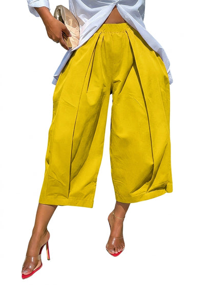 Solid Color Pockets Pleated Wide Leg Loose Pants