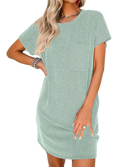 A-Line Loose Contrast Color Pockets Split-Joint Striped Round-Neck Mini Dresses