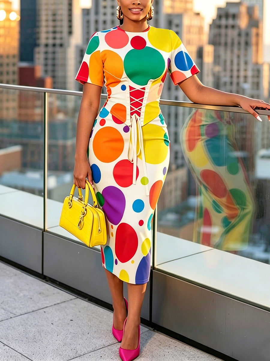 Bodycon Short Sleeves Colorful Contrast Color Polka Dot Split-Back Split-Joint Tied Round-Neck Midi Dresses