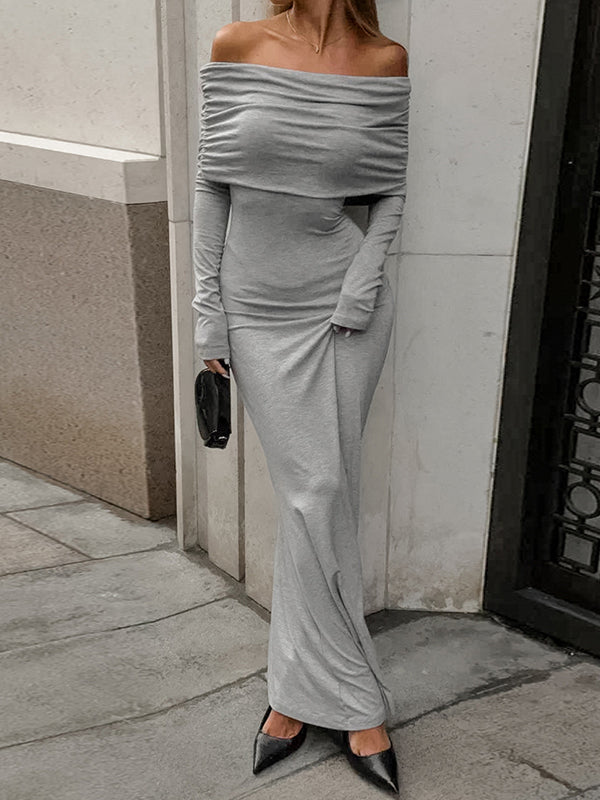 Robe de soirée longue à manches longues, plissée, moulante, couleur unie, fendue, épaules dénudées 