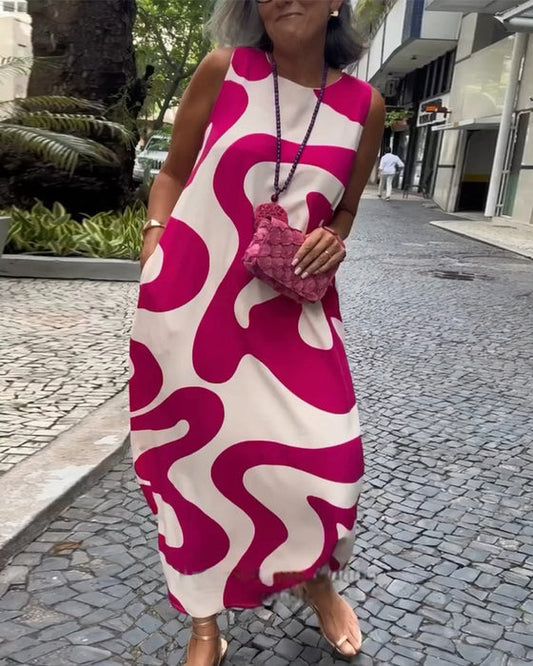 Round Neck Sleeveless Geometric Print Dress Red S