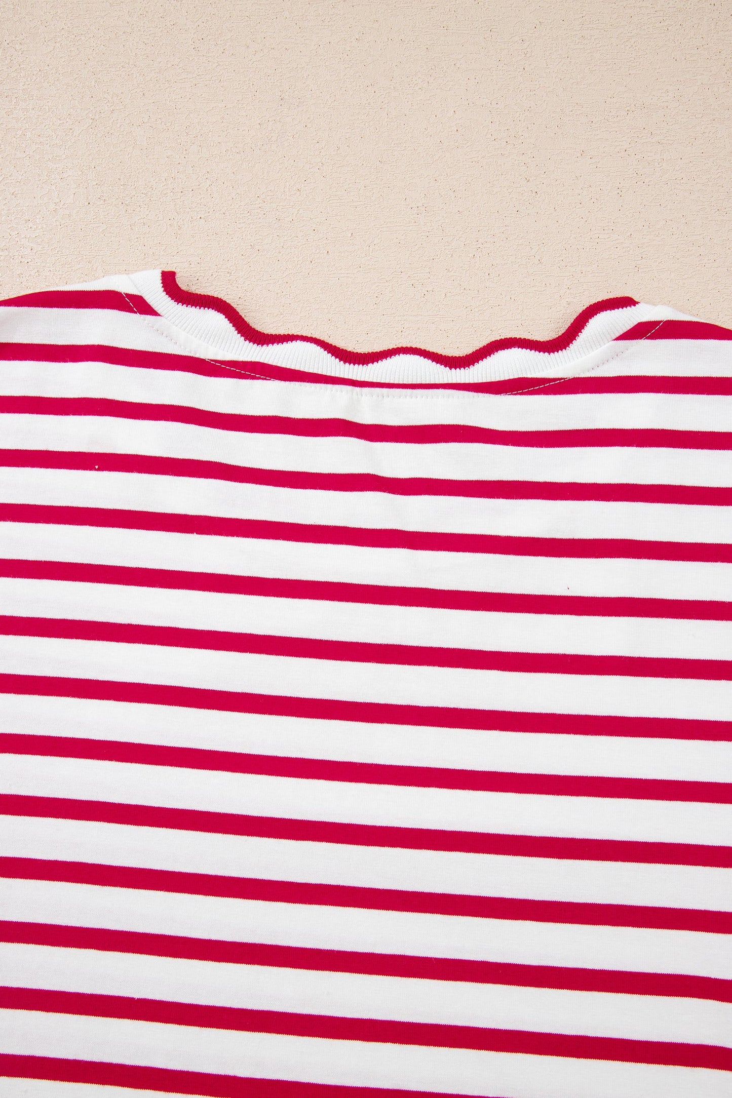Green Stripe Scalloped Trim Round Neck T Shirt