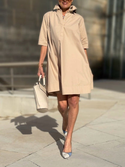 A-Line Short Sleeves Solid Color Split-Joint Lapel Mini Dresses Shirt Dress