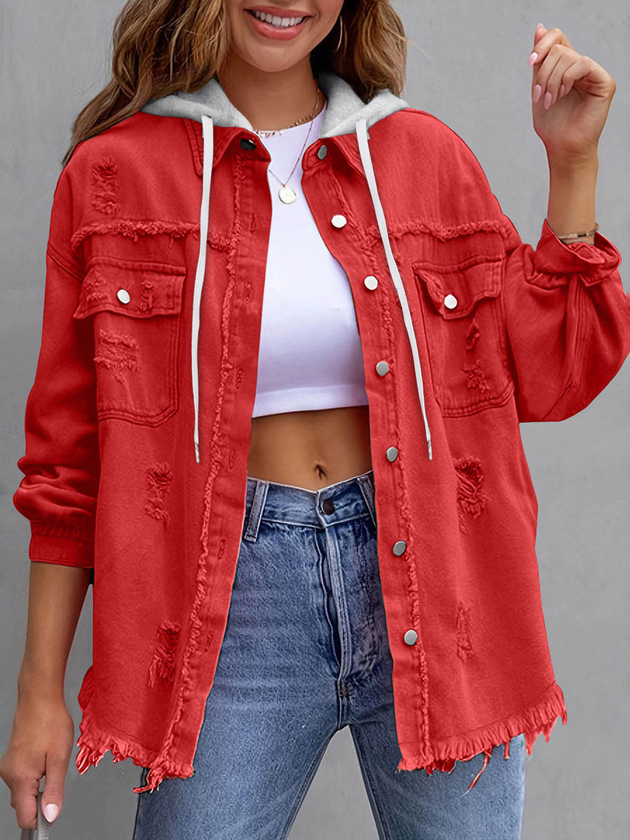 Split-Joint Pockets Fringed Buttoned Loose Long Sleeves Hooded Outerwear