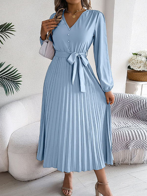 High Waisted Long Sleeves Belted Buttoned Pleated Solid Color V-Neck Maxi Dresses