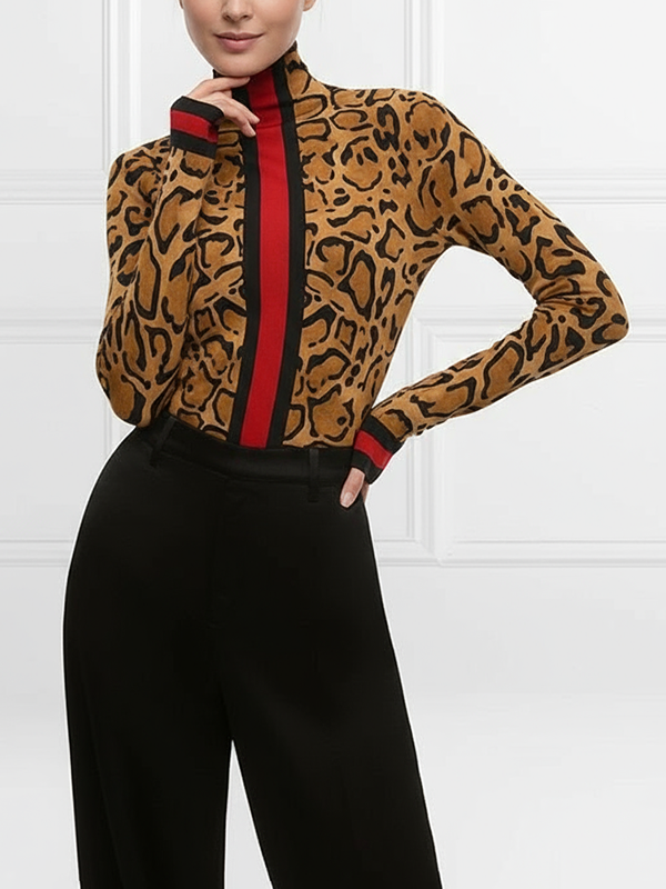 Leopard Contrast Color Skinny Long Sleeves High Neck T-Shirts Tops