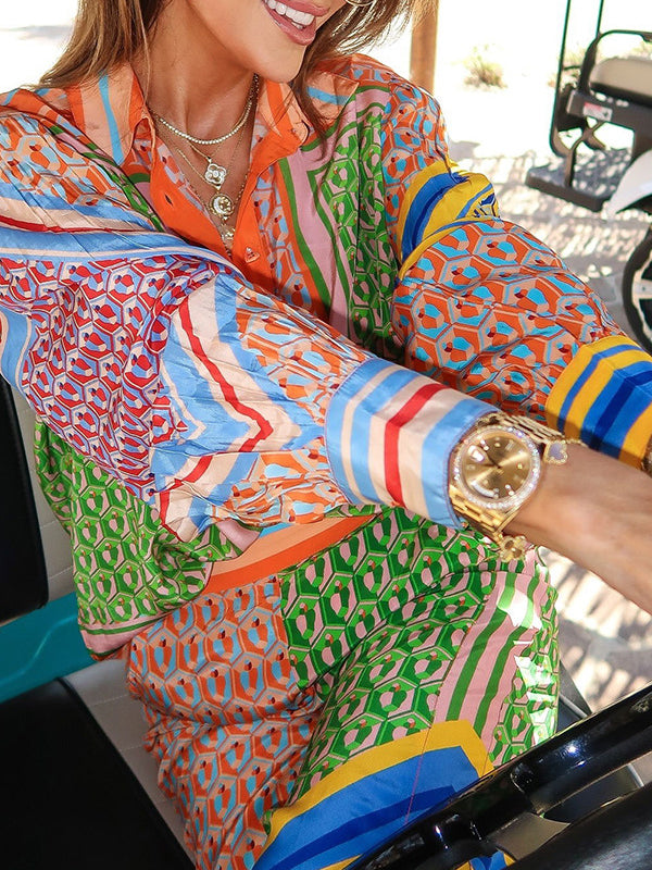 Multi-Color Patchwork Long-Sleeved Lapel Shirt Top + Baggy Pants Pocket Casual Pants Two-Piece Set