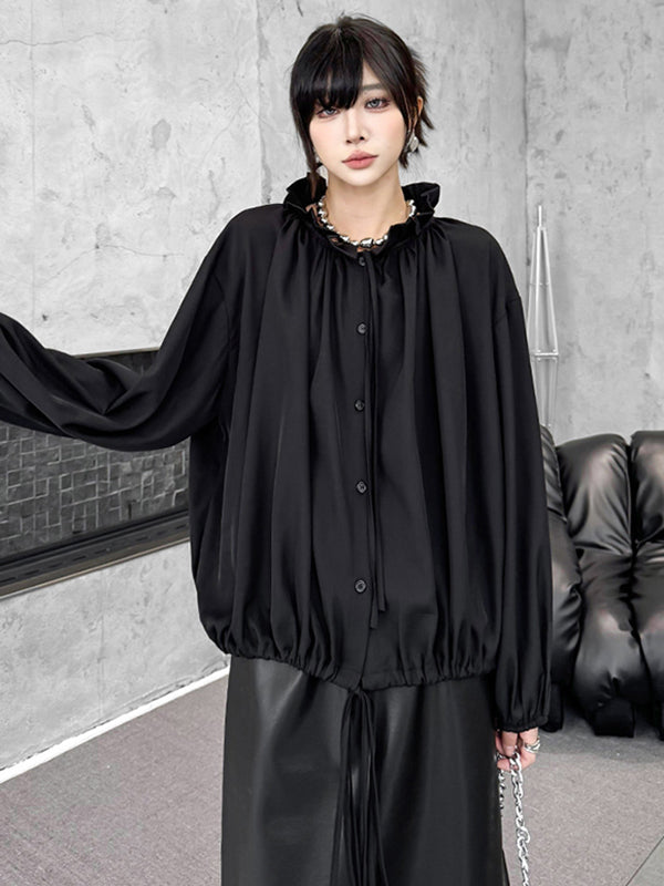 Long Sleeves Loose Drawstring Pleated Pullover Design Solid Color Lace Collar Blouses&Shirts Tops