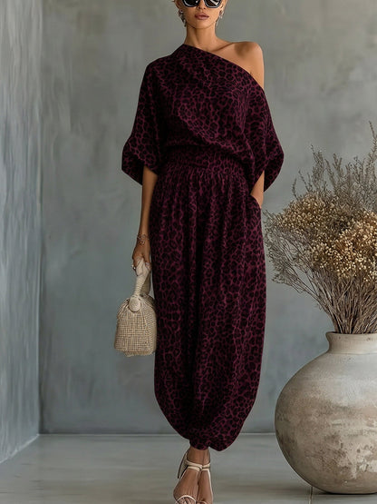 Half Sleeves Leopard Printed One-Shoulder Blouses&Shirts Tops + Pleated Pockets High Waisted Ankle-Tied Pants Trousers Two Pieces Set
