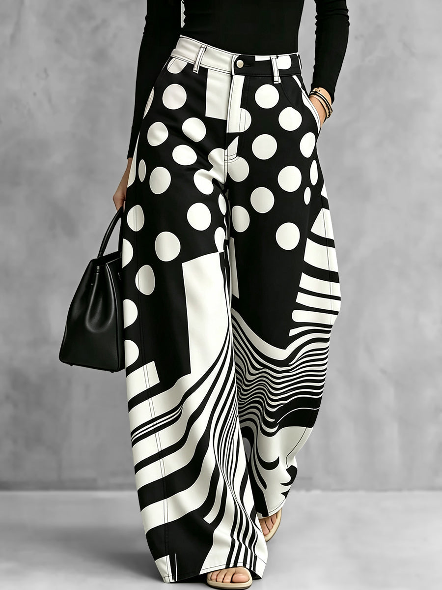 Zipper Striped Polka-Dot Pockets Contrast Color Buttoned Wide Leg Loose Trousers Pants