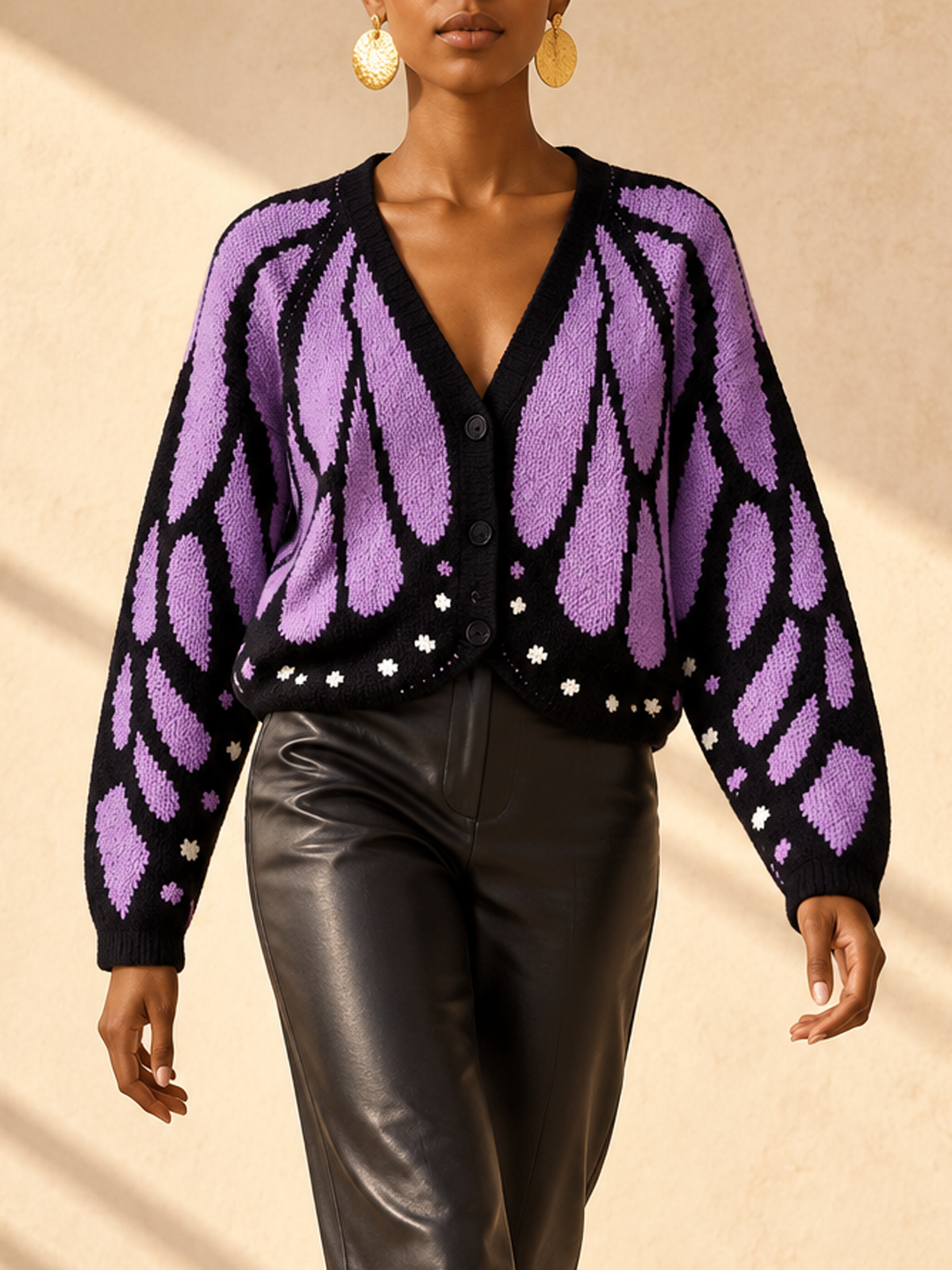 Contrast Color Butterfly Loose Long Sleeves V-neck Cardigan Tops