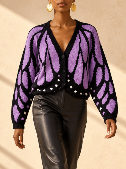 Contrast Color Butterfly Loose Long Sleeves V-neck Cardigan Tops