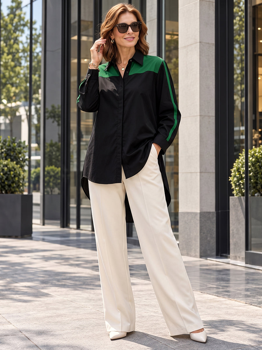 Split-Joint Contrast Color Buttoned Loose Long Sleeves Lapel Blouses&shirts Tops