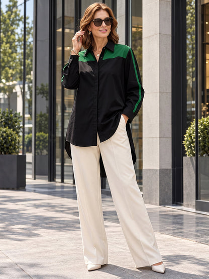 Split-Joint Contrast Color Buttoned Loose Long Sleeves Lapel Blouses&shirts Tops