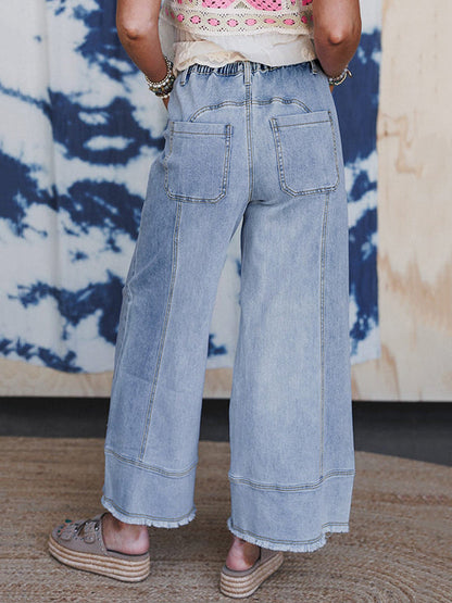 High Waisted Loose Drawstring Fringed Pockets Solid Color Jean Pants Bottoms