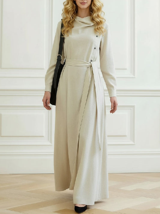 Long Sleeves Belted Solid Color Heaps Collar Maxi Dresses