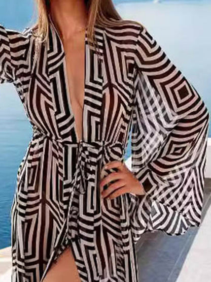 Flared Sleeves Loose Lace-Up See-Through Split-Joint Deep V-Neck Cover-Up