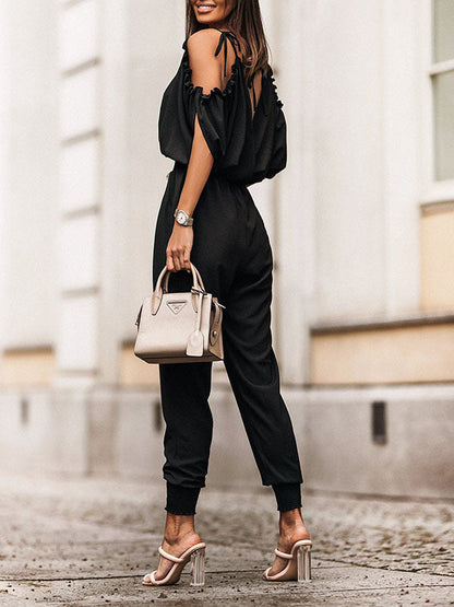 Batwing Sleeves Loose Elasticity Hollow Pleated Pockets Solid Color Tied V-Neck Jumpsuits