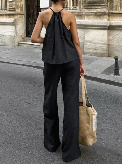 Solid Color Halter-Neck Cropped Pleated Split-Joint Tank Top + High Waisted Elasticity Tied Waist Pants Trousers Two Pieces Set