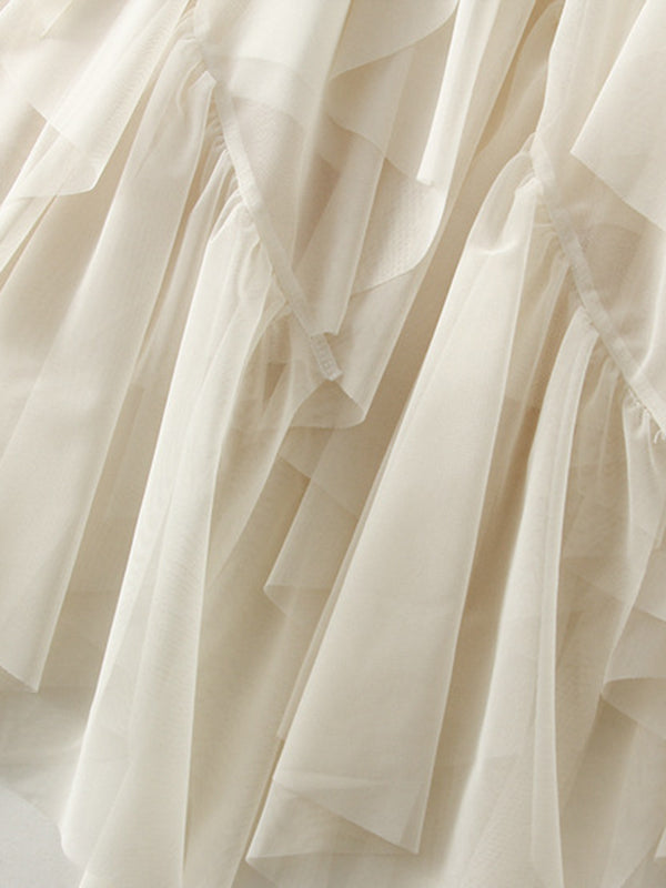 A-Line Loose Elasticity Gauze Pleated Solid Color Split-Joint Skirts