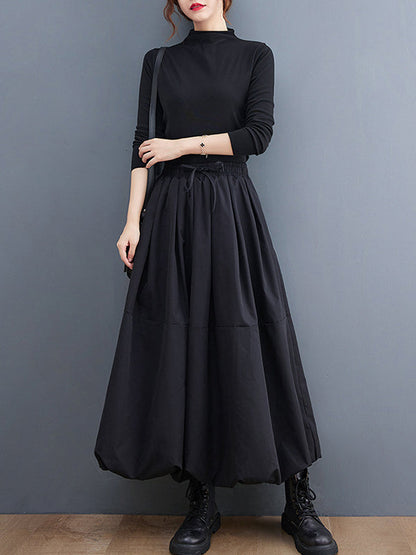 Urban Loose Drawstring High Waisted Black Bubble Skirt