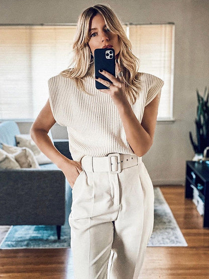 Casual Cap Sleeve Solid Color High-Neck Sweater Tops Pullovers