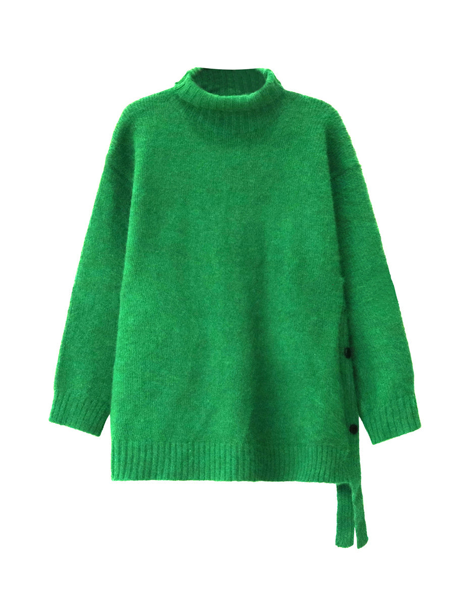 Irregularity Long Sleeves Buttoned Ribs Solid Color Split-Joint High Neck Sweater Tops