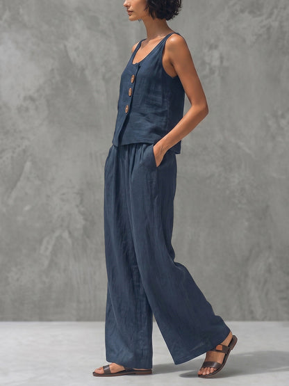 Loose Sleeveless Asymmetric Buttoned Solid Color U-Neck Tank Top