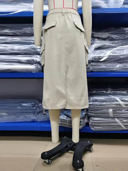 A-Line Buttoned Drawstring Pockets Solid Color Split-Side Skirts Bottoms