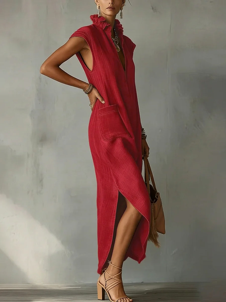 Loose Sleeveless Pockets Ruffled Solid Color Split-Side Stand Collar Maxi Dresses