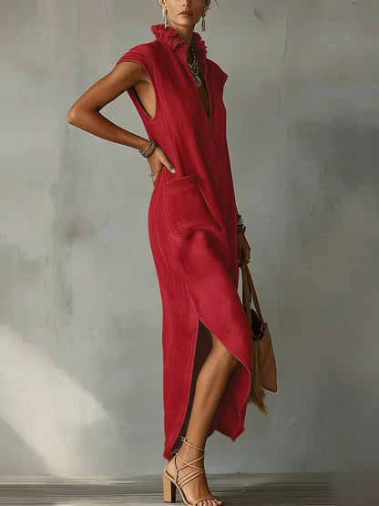 Loose Sleeveless Pockets Ruffled Solid Color Split-Side Stand Collar Maxi Dresses