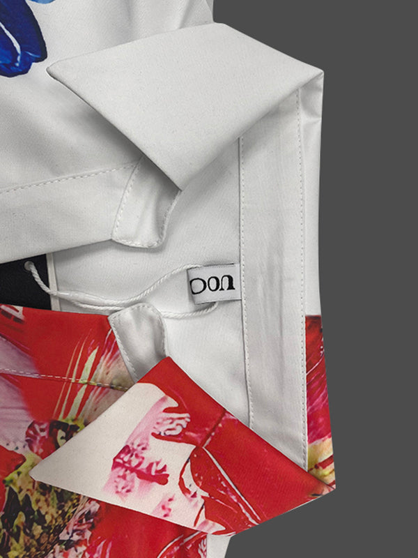 Loose Puff Sleeves Buttoned Flower Print Split-Joint Lapel Blouses&Shirts Tops